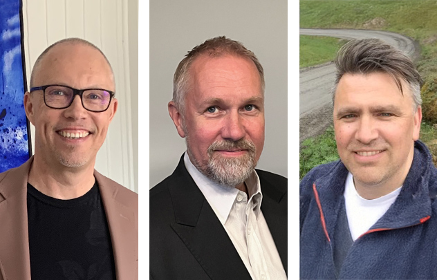 Portrettbilde av Jostein Storøy, Ove Rønning og Ole Henning Fredriksen – tre nøkkelpersoner bak utviklingen av Almestranda, med bakgrunn fra ingeniørfag, eiendom, bygg og reiseliv.